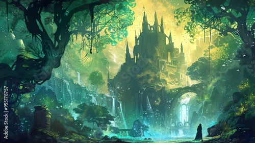 A mysterious and magical castle sits atop a lush green hill, overlooked by a waterfall.