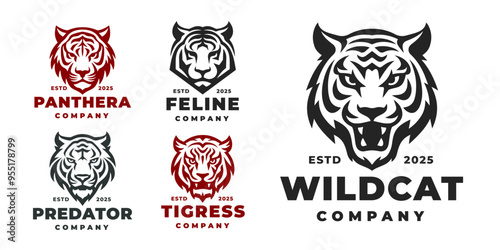 Vector set of tiger emblems for a variety of companies, featuring bold designs symbolizing strength and power. Ideal for logos, branding, and graphic design projects.