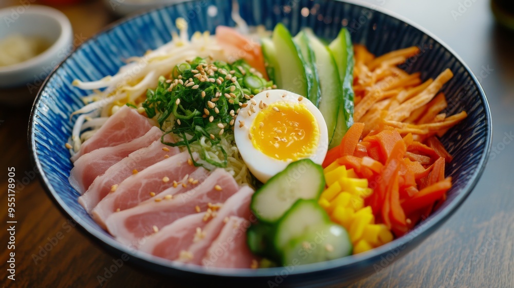 A refreshing bowl of hiyashi chuka, chilled ramen noodles topped with colorful vegetables, slices of ham, egg, and a tangy sesame dressing. A refreshing bowl of hiyashi chuka, chilled ramen noodles topped with colorful vegetables, slices of ham, egg, and a tangy sesame dressing.