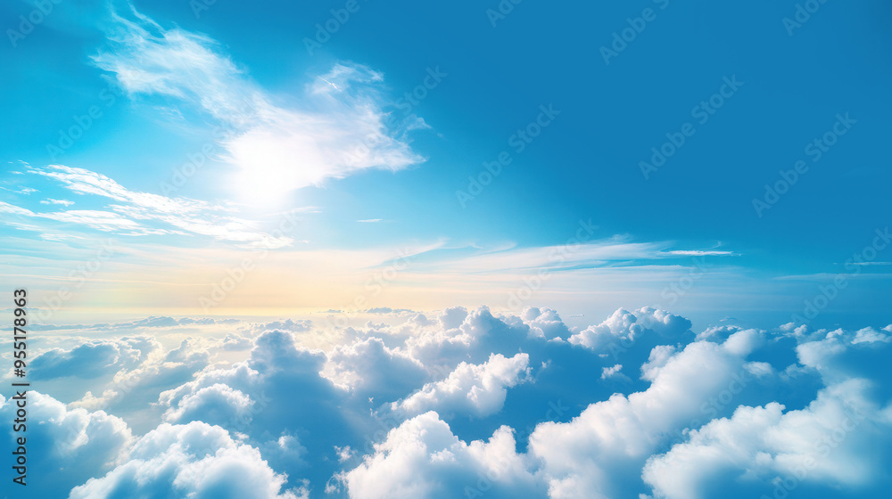 Fototapeta premium Serene Aerial View of White Clouds Over Tranquil Sea, Expansive Blue Sky, Captivating Horizon, Dreamy Atmosphere, Inviting Calmness, Pure Beauty in Nature