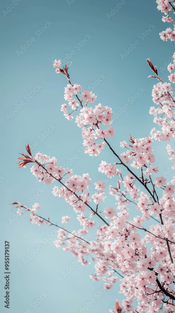 Delicate Pink Blossoms Against a Soft Blue Sky, a Symbol of Spring's Arrival and New Beginnings. Delicate Pink Blossoms Against a Soft Blue Sky, a Symbol of Spring's Arrival and New Beginnings.
