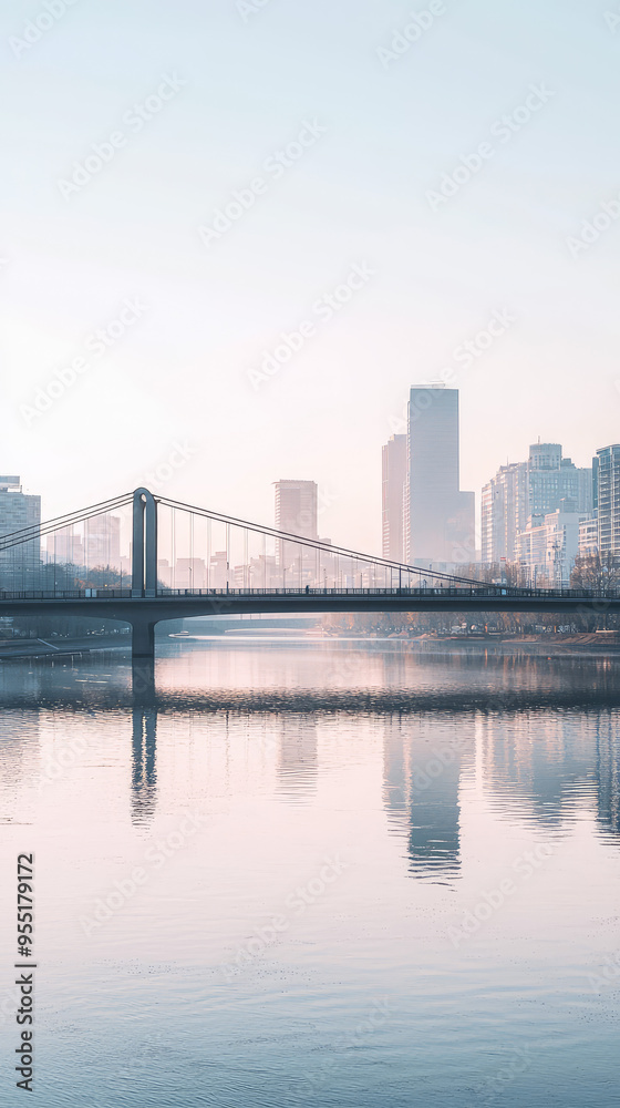 Naklejka premium A City Bridge Reflects in the Calm Waters of a River, a Minimalist Skyline Under a Pale Sky.