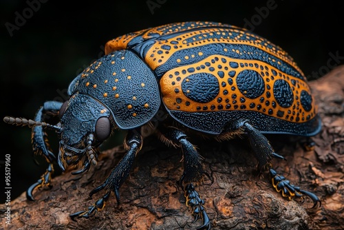 Close-up of a Black and Yellow Spotted Beetle on Bark