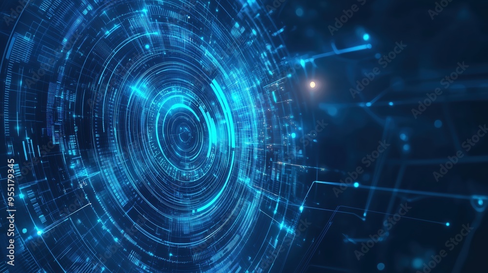Abstract futuristic technology background with blue digital circular waves and hologram elements, representing data transfer, advanced security systems, and global network concepts. This design captur Abstract futuristic technology background with blue digital circular waves and hologram elements, representing data transfer, advanced security systems, and global network concepts. This design captur
