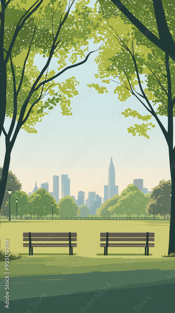 A Tranquil City Park Escape, Two Benches Await, A Skyline Beckons in the Distance A Tranquil City Park Escape, Two Benches Await, A Skyline Beckons in the Distance