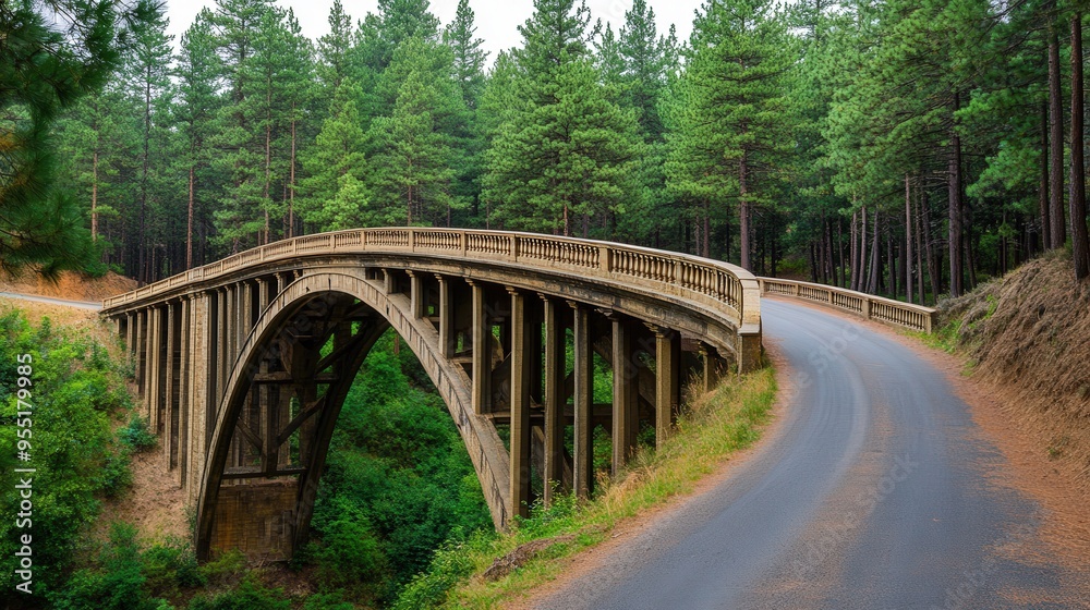 Historic Bridge in Pine Forest, an enchanting scene of a timeless structure embraced by towering pines, inviting exploration along a serene forest road. Historic Bridge in Pine Forest, an enchanting scene of a timeless structure embraced by towering pines, inviting exploration along a serene forest road.