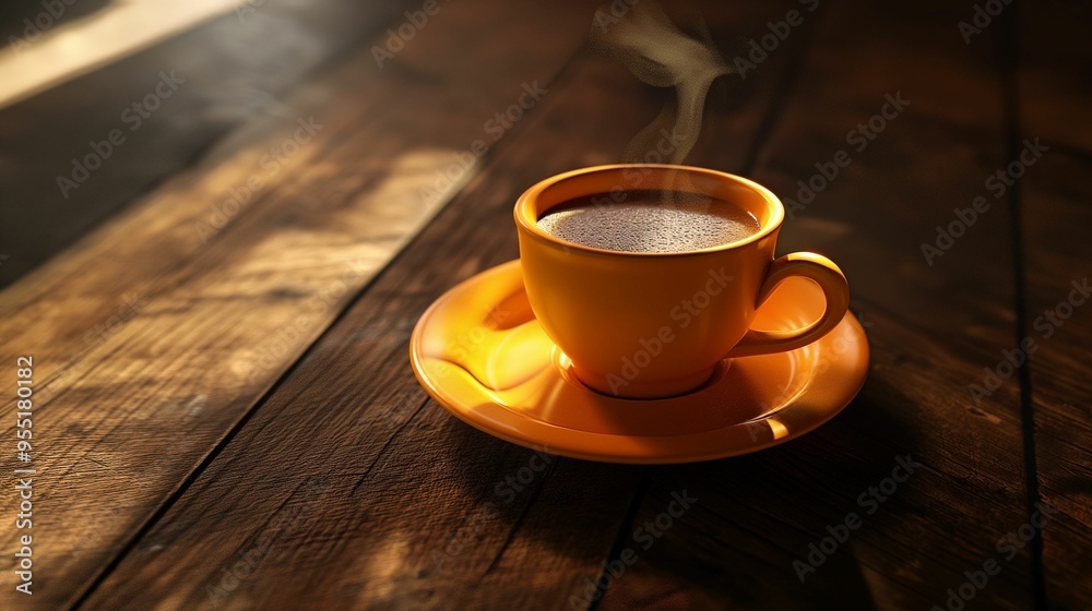 Steaming coffee cup on a saucer on a wooden table in sunlight. Steaming coffee cup on a saucer on a wooden table in sunlight.