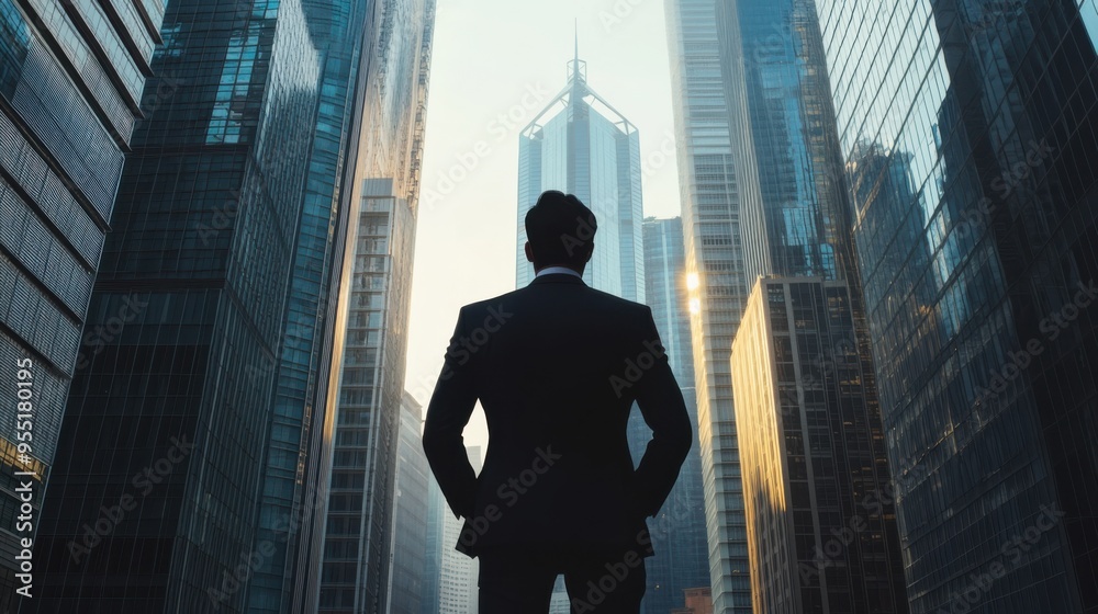 Business man standing with his back turned wearing a suit looking at skyscrapers. Business success and envisioning future business growth concept. Business man standing with his back turned wearing a suit looking at skyscrapers. Business success and envisioning future business growth concept.