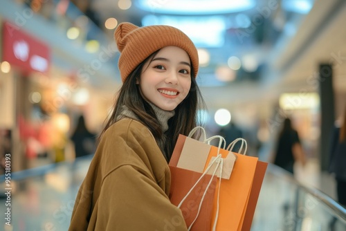 Pretty woman smiling and holding shopping bags feeling happy and enjoying sale in shopping mall.  photo