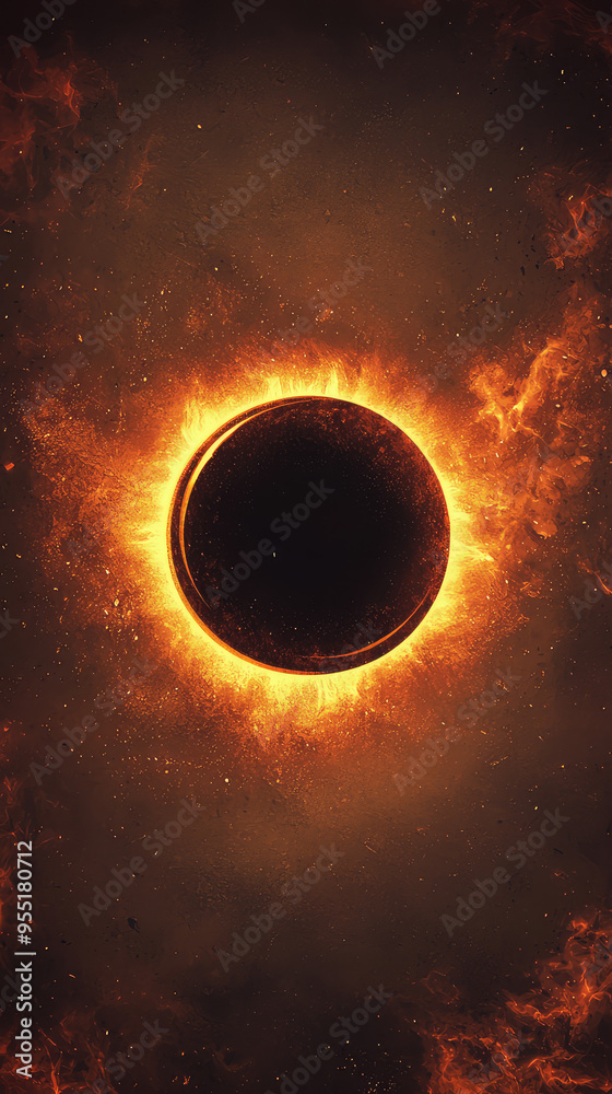 A blazing ring of fire engulfs a darkened orb, casting a fiery glow against a textured backdrop. The intense heat and energy of this cosmic spectacle create a mesmerizing and dramatic scene. A blazing ring of fire engulfs a darkened orb, casting a fiery glow against a textured backdrop. The intense heat and energy of this cosmic spectacle create a mesmerizing and dramatic scene.