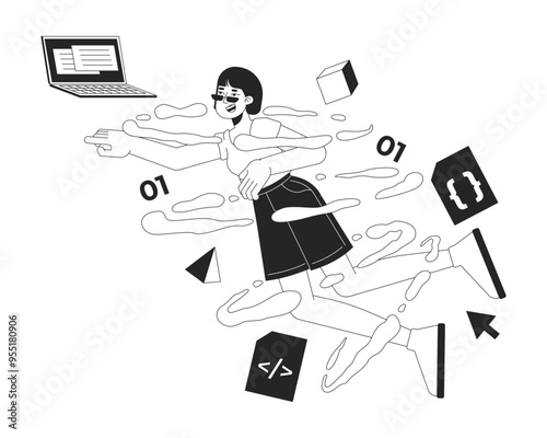 Inspired korean woman app developer black and white 2D illustration concept. Female web designer in swirl of coding elements outline character isolated. Programming metaphor monochrome vector art