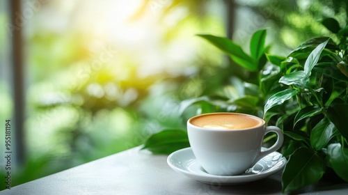 Wallpaper Mural White hot coffee cup on a cafe table with green plants and bokeh in the background. Torontodigital.ca