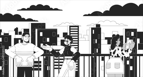 Young adults resting on urban observation deck black and white line illustration. Multiracial people enjoying cityscape 2D character monochrome background. Big city life outline vector image