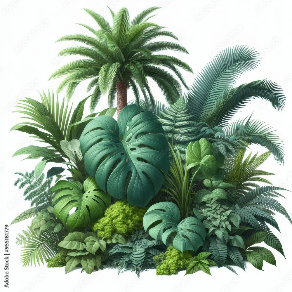 Lush green tropical plants bush (monstera, palm, rubber plant, pine and fern), cut out, прозрачный фон
Lush green tropical plants bush (monstera, palm, rubber plant, pine and fern), cut out, прозрачный фон