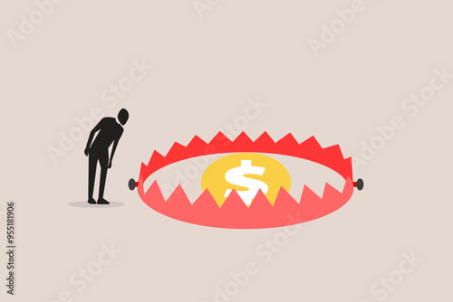Businessman look i money pitfall or mouse trap with big money dollar sign bait. concept of Financial money trap, risk in investment, ponzi scheme or business pitfall