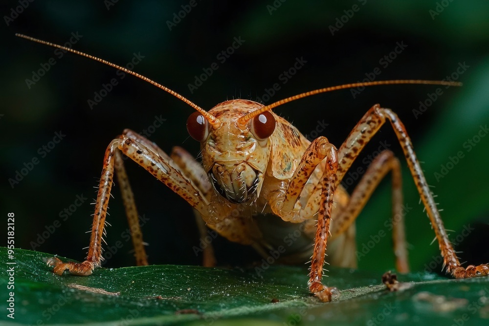 Fototapeta premium Close-up of a Brown and Orange Katydid on a Green Leaf