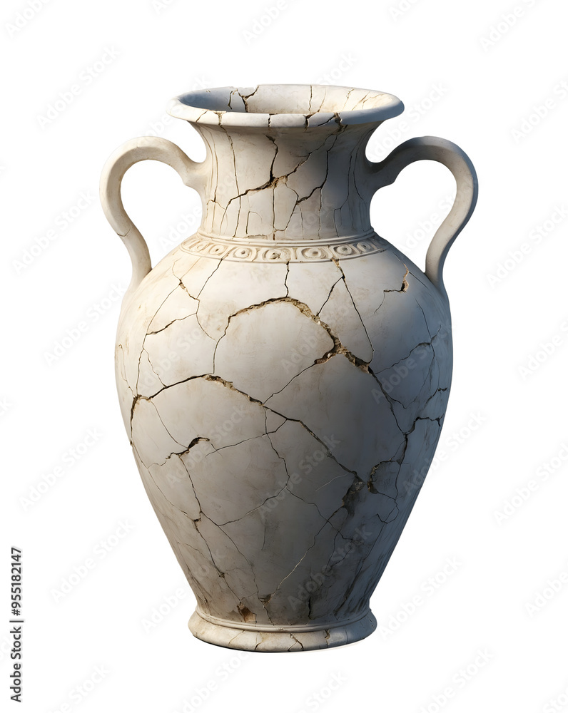 A detailed, high-resolution image of an ancient Roman vase, showcasing intricate cracks and weathered textures, isolated on a transparent background. A detailed, high-resolution image of an ancient Roman vase, showcasing intricate cracks and weathered textures, isolated on a transparent background.