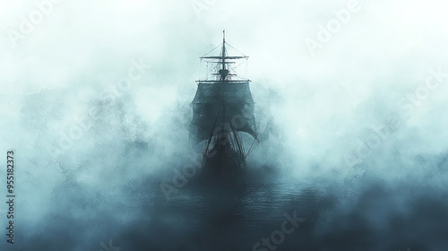 Spectral pirate ship emerging from fog, cursed sea, eerie atmosphere, Watercolor style photo