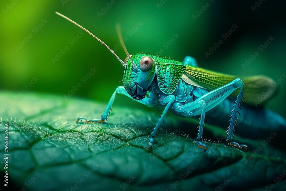 A Close-Up View of a Green and Blue Grasshopper on a Leaf A Close-Up View of a Green and Blue Grasshopper on a Leaf