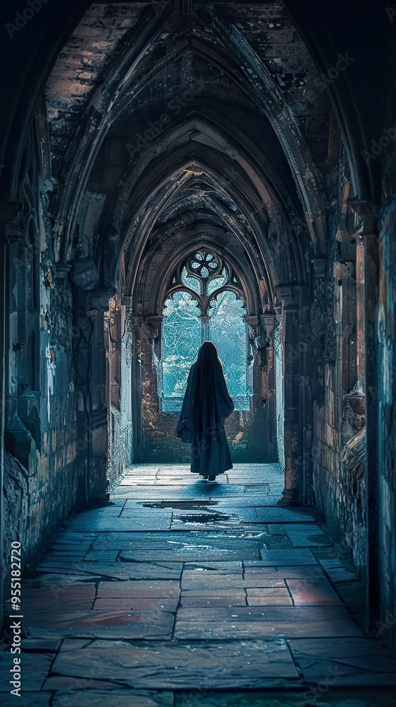 A cloaked figure walks through an ancient stone archway, bathed in a soft blue light. A cloaked figure walks through an ancient stone archway, bathed in a soft blue light.