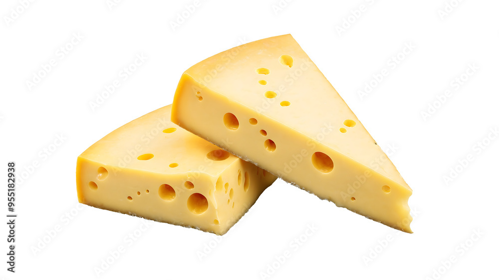 This high-resolution image features two pieces of yellow Swiss cheese with characteristic holes, isolated on a transparent background. This high-resolution image features two pieces of yellow Swiss cheese with characteristic holes, isolated on a transparent background.