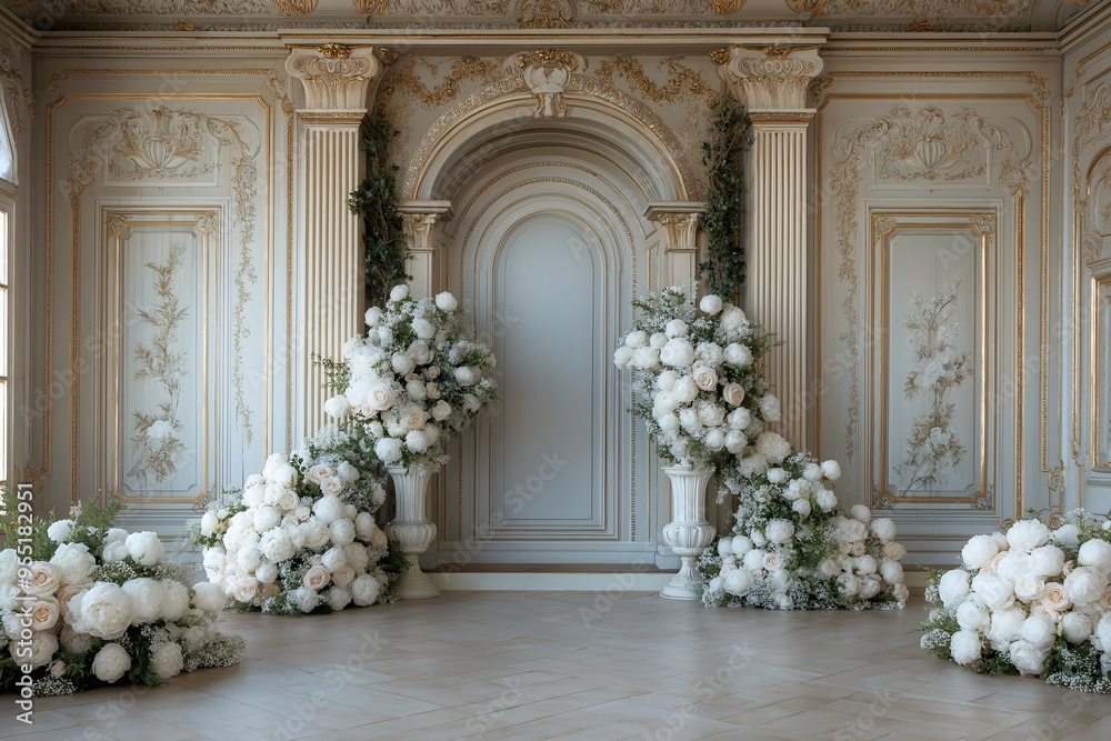 Naklejka premium Wedding photography backdrop. Chateau palace interior, white roses and peonies around arch and columns.