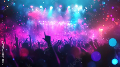 Vibrant concert scene with crowd enjoying colorful lights and music, creating an energetic and lively atmosphere.