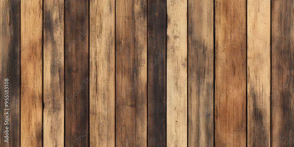Fototapeta premium Seamless rustic oak or redwood planks background texture. Tileable stained brown hardwood wood floor, wall, deck or crate repeat pattern. Vintage old weathered wooden wallpaper backdrop. 3D rendering.