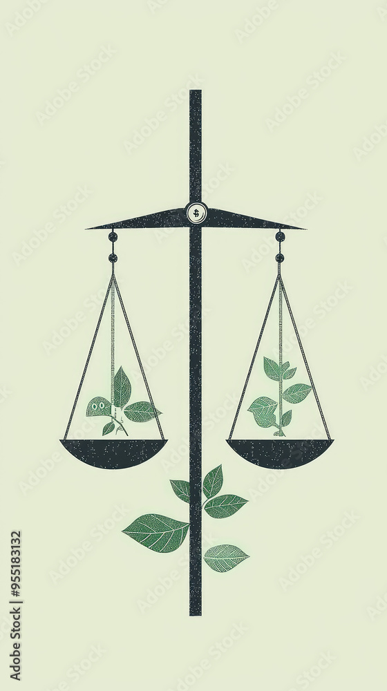 The Price of Nature: A Balance Scale Weighs Money Against a Growing Plant The Price of Nature: A Balance Scale Weighs Money Against a Growing Plant