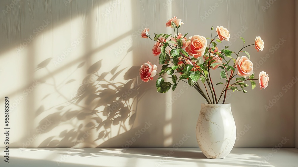 Pink Roses in a White Vase with Sunlit Shadows
