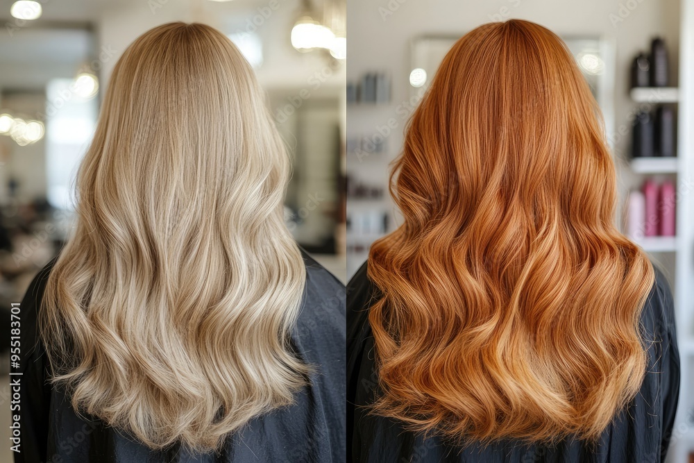 A before and after image of a hair transformation, showing a drastic change in color, style, and overall appearance A before and after image of a hair transformation, showing a drastic change in color, style, and overall appearance