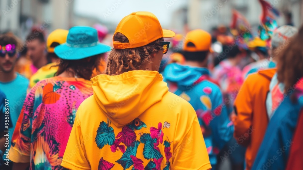 Fototapeta premium Festivities unfold as a diverse crowd celebrates in colorful attire, filling the street with joy and excitement during a lively festival