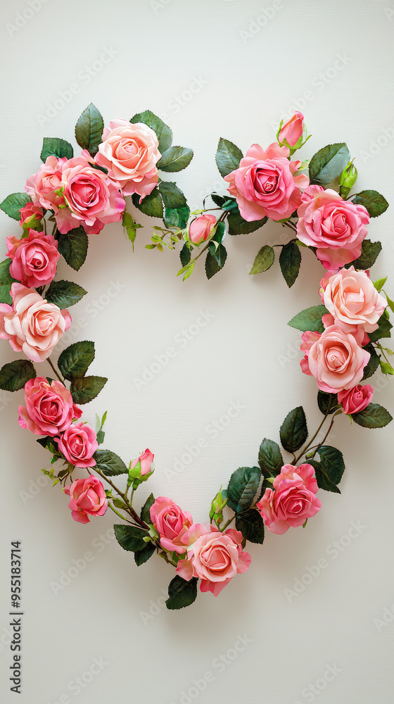 Obraz premium A Delicate Embrace: A Heart-Shaped Wreath of Soft Pink Roses and Lush Green Leaves on a Light Background.
