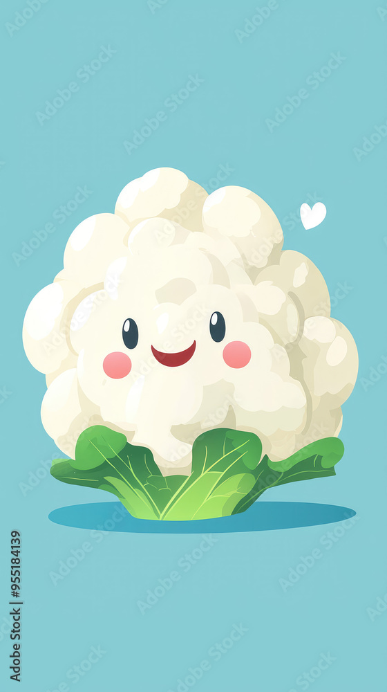 A Happy Cauliflower Smiles with Love on a Pastel Blue Background A Happy Cauliflower Smiles with Love on a Pastel Blue Background