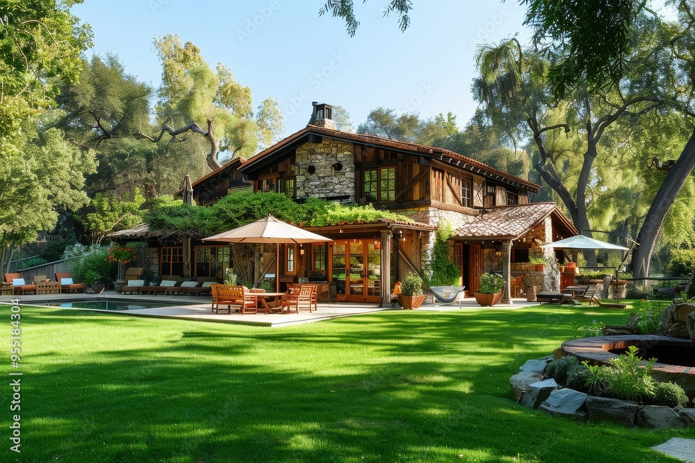 Rustic farmhouse in California countryside with weathered wood accents, stone walls, patio, fire pit, pool, and umbrella shade, surrounded by green grass and trees. Rustic farmhouse in California countryside with weathered wood accents, stone walls, patio, fire pit, pool, and umbrella shade, surrounded by green grass and trees.