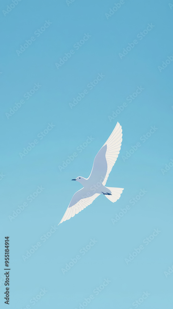 Fototapeta premium A solitary white bird glides effortlessly through a boundless blue sky, its wings outstretched in a moment of pure freedom.