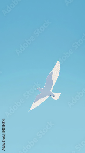 A solitary white bird glides effortlessly through a boundless blue sky, its wings outstretched in a moment of pure freedom.