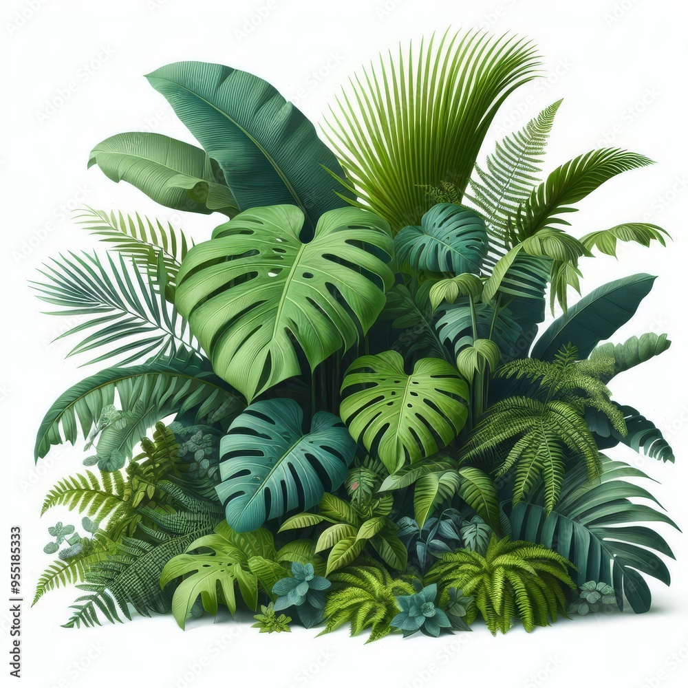 Lush green tropical plants bush (monstera, palm, rubber plant, pine and fern), cut out, прозрачный фон
