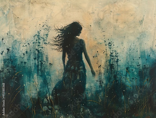 A woman in a long dress walks through a field of tall grass with her hair blowing in the wind. The scene is painted in a dreamlike, impressionistic style.