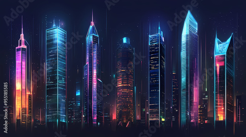 Printed neon skyscrapers on transparent backgrounds, with city skylines. Skyscraper. Illustration