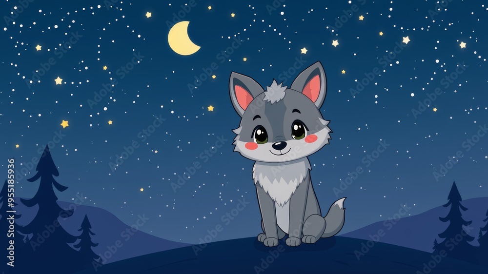 A cartoon wolf sits on a hill at night, gazing at the bright stars and glowing moon in the sky. A cartoon wolf sits on a hill at night, gazing at the bright stars and glowing moon in the sky.
