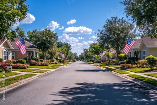 Peaceful Suburban Street with American Flags. AI generated illustration