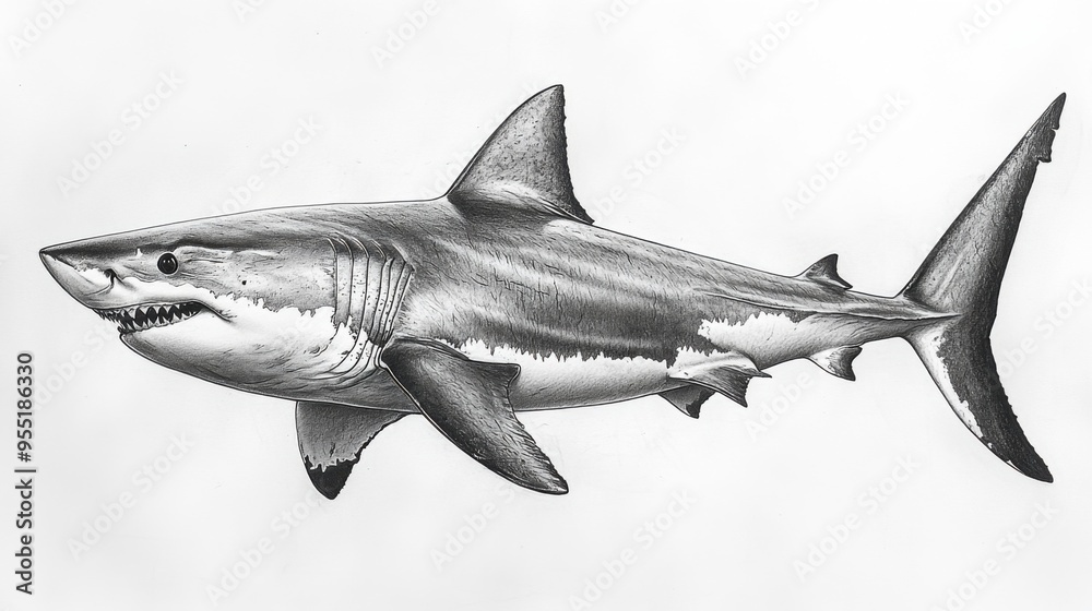 Fototapeta premium Realistic pencil drawing of a shark with detailed textures and shading