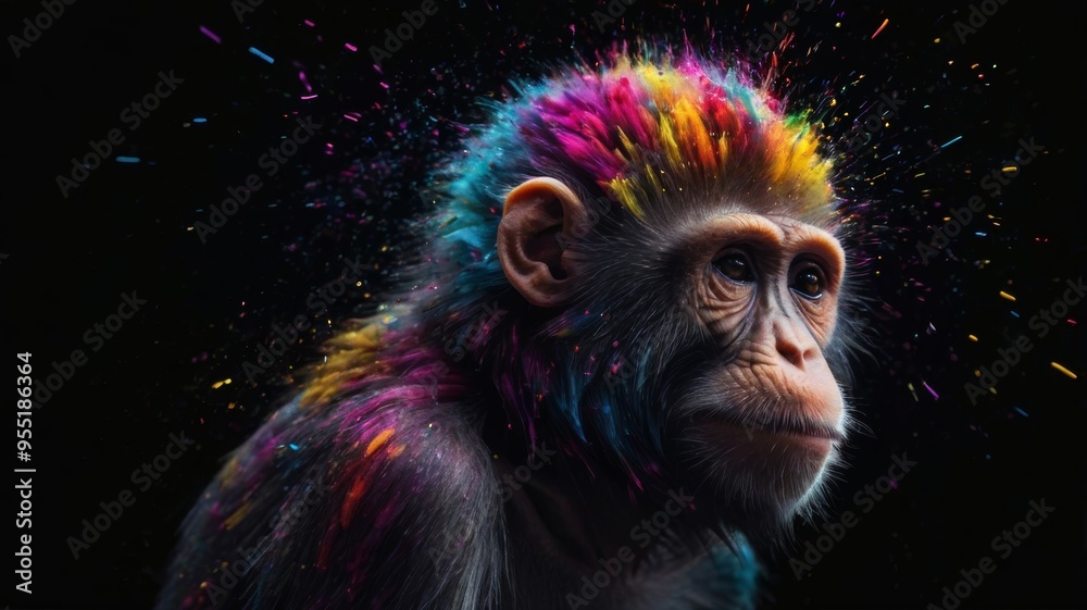A playful monkey with vibrant, colorful paint splashed across its head, showcasing a fun and artistic look. A playful monkey with vibrant, colorful paint splashed across its head, showcasing a fun and artistic look.