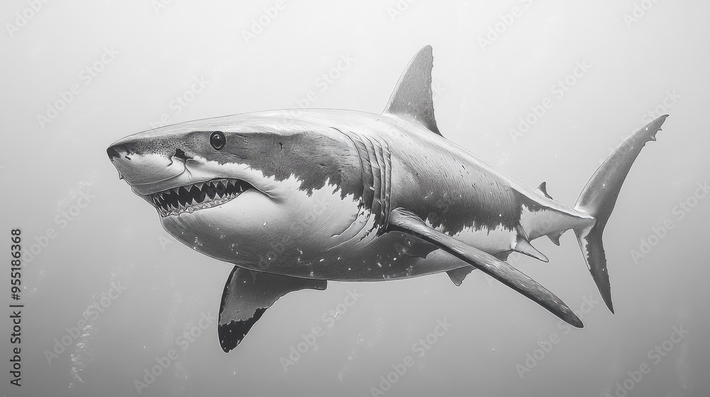 Realistic pencil drawing of a shark with detailed textures and shading Realistic pencil drawing of a shark with detailed textures and shading