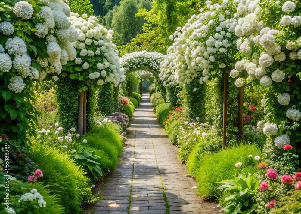 A picturesque garden path meanders through a lush green landscape, adorned with an abundance of white flowers that A picturesque garden path meanders through a lush green landscape, adorned with an abundance of white flowers that