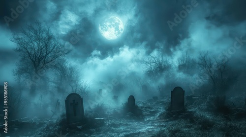 Spooky graveyard scene with eerie fog, bare trees, and a full moon shining in the night sky