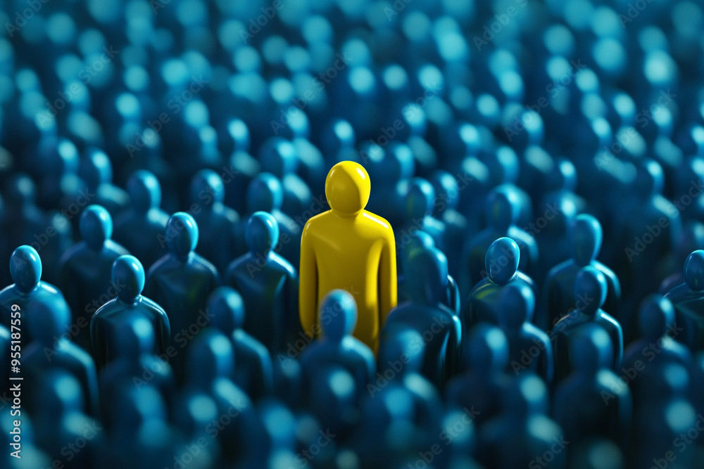 Obraz premium standing out from the crowd, job interview concept, yellow figure in the middle of large blue crowd 