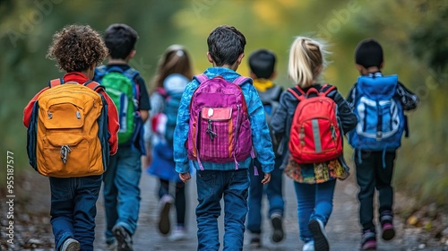 Wallpaper Mural Children walking to school with backpacks, Monday morning, educational beginning Torontodigital.ca