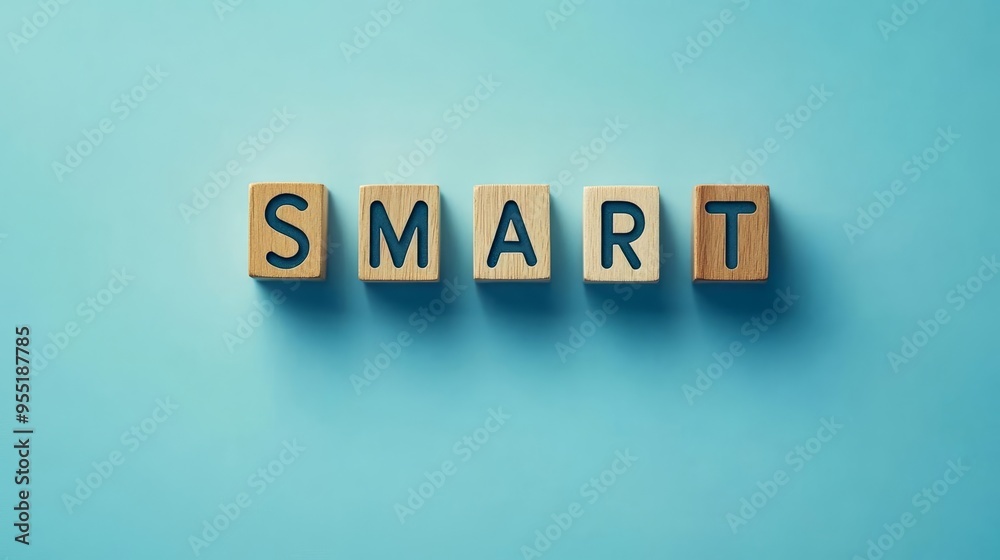 Obraz premium Colorful wooden blocks spell the word 'SMART' on a vibrant blue background. Ideal for educational or motivational themes.